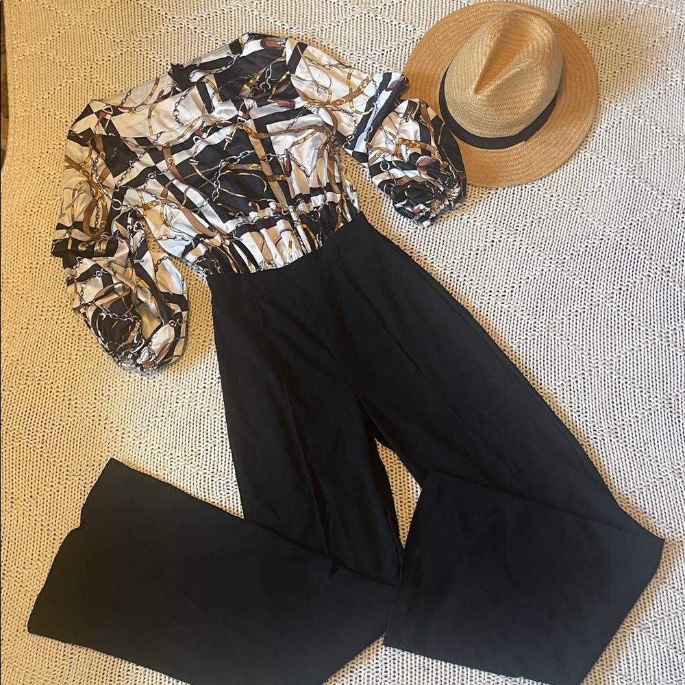 Valentine Chain Print Ruffle Sleeve Wide Leg Jumpsuit Black White Size S